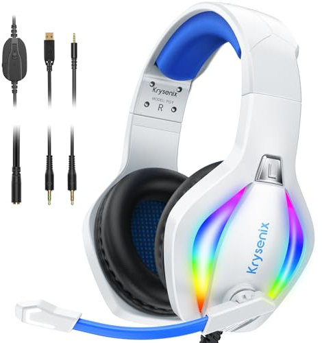 Krysenix PG1 Gaming Headset for PS4, PS5, PC, Xbox one, Switch, Wired Gamer Headphones with LED Light, Ergonomic Design Over Ear Computer Headset with AI Stereo Microphone & 3.5mm Jack, White+Blue