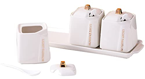 Azucarero de Ceramica,recipientes para Especias, Juego de 3 Botes de azúcar for Especias, salero, Botes de condimento, Coloridos Botes de cerámica for café, azúcar, Gris, 3 Juegos de (Color : White,