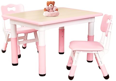 FUNLIO Mesa Infantil con 2 Sillas para Niños de 3 a 8 años, Mesa Niños de Altura Ajustable, Escritorio Fácil de Limpiar, para Aulas/Hogares, Aprobado por CPC y CE (3 Piezas)-Rectángulo-Rosa