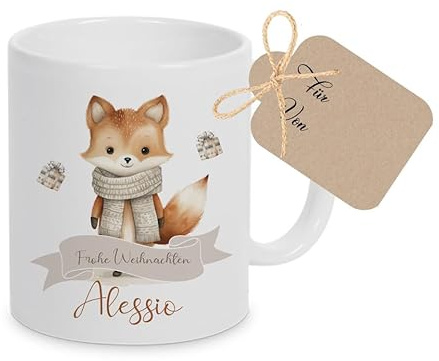 Manufaktur Liebevoll - Weihnachtliche Tasse für Kinder - personalisiert mit Namen und niedlichem Tiermotiv Fuchs - Kindertasse aus Keramik mit Spruch Frohe Weihnachten (Fuchs)
