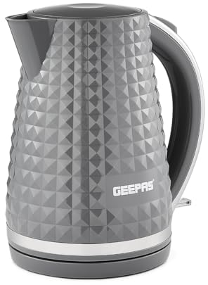 GEEPAS 1.7L Cordless Electric Kettle | Textured Kettle with 360° Rotational Base & Concealed Heating | Auto Shut Off Boil Dry Sensor | Space Saving Cord Storage and LED Indicator | 2200W Argyle Grey