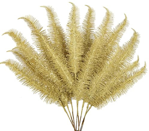 Oairse 8er Set Kunstpflanze Kunstzweig Weihnachten Deko Glitzer, Weihnachten Blätter für Weihnachtsbaum Neujahr Ornamente, Künstliche Farn für Feiertags-Esstischdekoration, Gold
