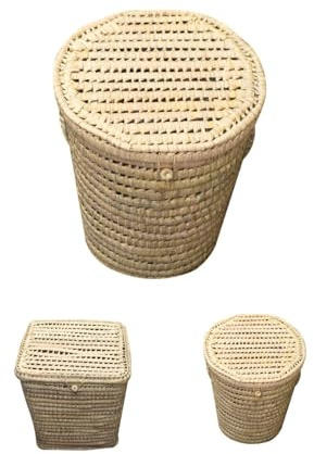JARDIN202 - Pongotodo Cesta de Palma Natural con Tapadera y Asas - Almacenamiento en Modelos Redondo y Cuadrado para Ropa y Decoración | Redondo Mediano