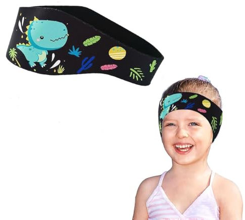 EORPAVU Bandeau de Natation Enfant,Sangles d'oreille de sangle de natation en néoprène imperméable, sangles de protection d'oreille pour enfants, motif dinosaure noir