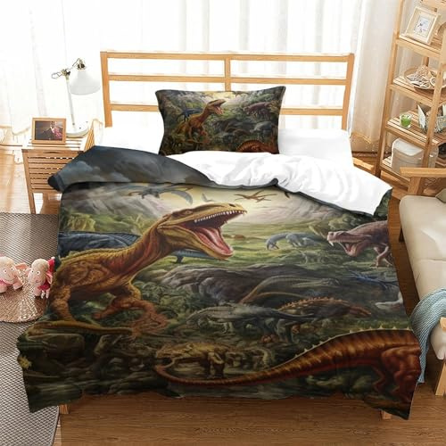 Impresas En 3D Dinosaurios Juego De Ropa De Cama Infantil Microfibra Suave Fundas Nórdicas Fundas De Almohada 2 Piezas Cremallera Oculta Single（135x200cm）