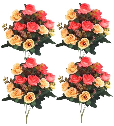4 buketter kyrkogårdsblommor för grav, orange kyrkogårdsblommor för grav, falska rosor konstgjorda blommor för gravar 12 blomhuvuden silkesblommor för grav, konstgjorda blommor 11,8