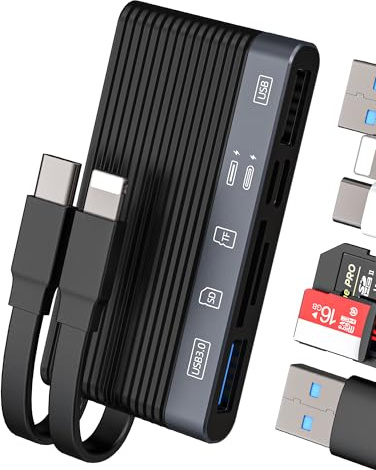 Adaptador USB C Lightning a USB Lector Tarjeta SD Micro SD Cargador (6 en 1)para iPhone 16 15 para iPad para Apple compatible con Samsung OTG Card Reader memoria TF Compact Flash Cámaras Dispositivo
