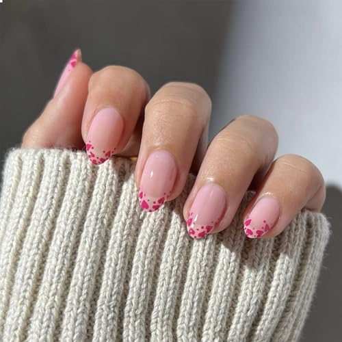 GlamRays Kurze Press-On Falsche Nägel Mit Festem Gel, Mandel Valentinstag Pink Herz Französische Spitze Vollumfängliche Nägel Glänzend Falsche Nagel 24 Stück (Pink)