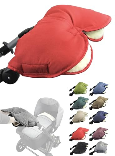 Muff handske [handvärmare för barnvagn] handmuff buggy med lammull vattentät vindtät universalstorlek för barnvagn, buggy, hjulsläpvagn (meleradröd)