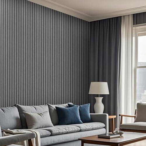 Tarwanear Grey Wallpaper for Living Room 1 Roll - 5.03m² Dark Grey Wood Panel Wallpaper Realistic Wood Slats Wallpapers Vertical Stripe Decor Wallpapers for Feature Walls Bedroom Hallway