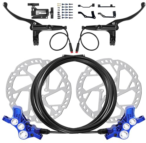 6 Pistons Hydraulic Brakes for Ebike, Hydraulic Brake Kit for E-bike MTB Mountain Bike, Electric Bike Pre-Bled Brake Set, 2-Pin Waterproof Power-Off Sensor Connectors, 203mm Brake Disc Rotors