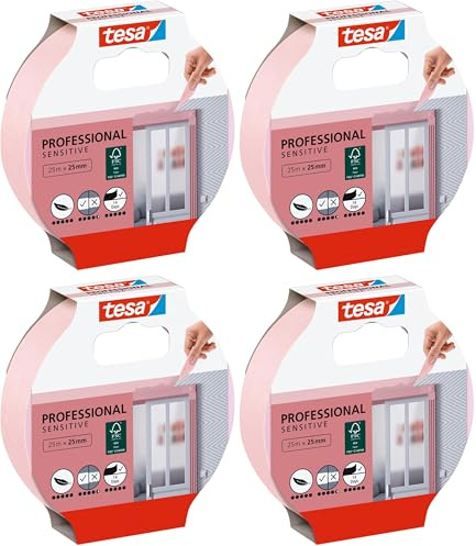 tesa Malerband TAPETEN – Dünnes Abdeckband für präzises Abkleben – geeignet für empfindlichen Oberflächen im Innenbereich – 25 m x 25 mm (Packung mit 4)