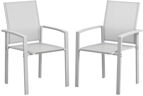 Outsunny 2er Set stapelbarer Gartenstühle mit Armlehnen, Aluminium und Texteline Wasserfeste Esszimmerstühle für draußen, für Terrasse, Balkon, Terrasse, draußen und drinnen, 56x58x89 cm, Hellgrau
