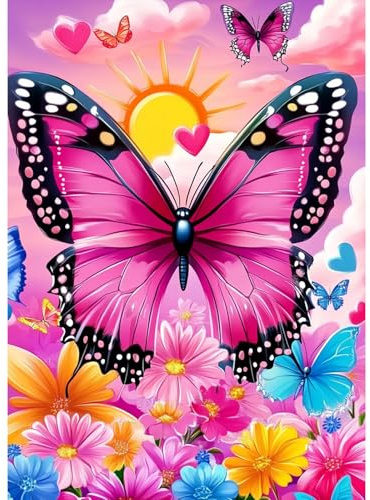 MAXBYE Diamond Painting Art Erwachsene Kits, 5D Diamond Kunst Komplett Set DIY Diamant Bilder für Anfänger, Rosa Schmetterling Runde Gem Kristall Kreuzstich Diamond Painting Home Wall Decor 30x40cm