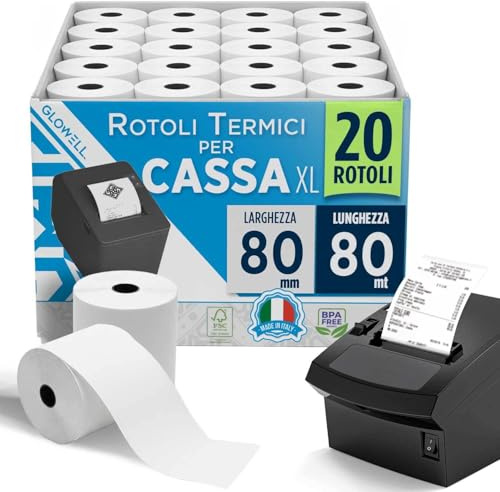 Glowell Rotoli POS 80x80 m di Lunghezza in Carta Termica con foro da 12 mm - Stampa Scontrini alta qualità, Rotoli Cassa per Stampante Termica Scontrini Bancomat, Carta Pos Made in Italy (20pz)