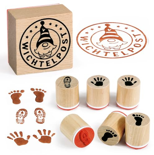 BOOMTOP 7Pcs Weihnachten Stempel Wichtelpost Holz Rund Holzstempelset Christmas Fußabdrücke Handabdrücke Weihnachtsstempel Klein Motivstempel für Kartenbasteln Scrapbooking Geschenkpapier