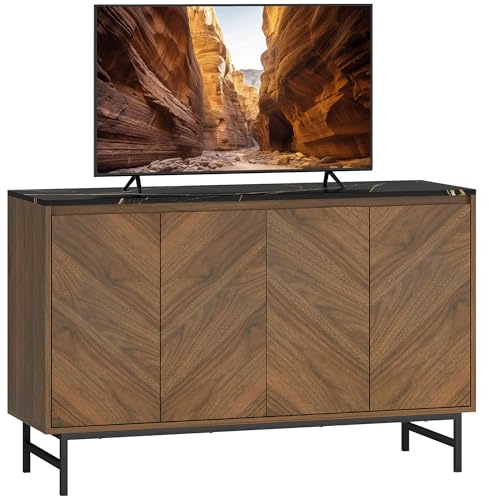 HOMCOM Mueble TV 120 cm, mueble de TV de hasta 55 pulgadas con 4 puertas, bandeja efecto mármol, estantes ajustables y patas de acero, banco de TV para salón, dormitorio, nogal