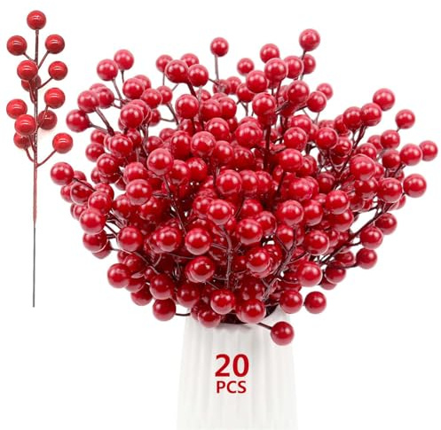 Zhexoom 20 bacche di agrifoglio di Natale, steli di bacche artificiali rosse, 21 cm, ramoscelli di bacche artificiali, per albero di Natale, ghirlande fai da te, artigianato, matrimoni, vacanze