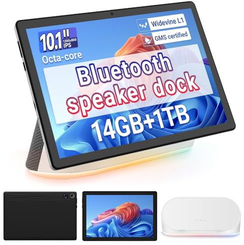 Whitedeer Tablet con Base Altavoz Bluetooth, Tablet 10 Pulgadas Octa-Core, Carga inalámbrica, 14GB RAM + 64GB ROM + 1TB Memoria Ampliable, Tablet Android 1280×800 P, 5 MP+8 MP, 5000 mAh