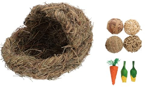 DECOMELODY Handgefertigtes Kaninchen grashaus aus Strapazierfähigem Atmungsaktivem Naturstroh Faltbares Haustiernest für Hamster und Kleine Nager Umweltfreundlicher Sicherer Rückzugsort
