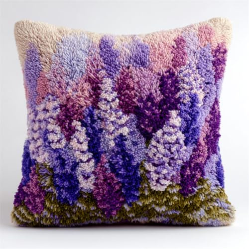 Kitquiver Knüpfkissen Mit Vordruck Lila Lavendelblüten Diy-Knüpfhäkel-Sets,Bedruckte Kissen,Häkelgarn,Häkelnadel Und Knüpfset,Kissenbezug,Teppich,Heimdekoration 43x43cm