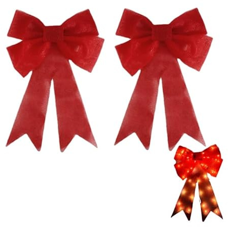 Large Red Lighted Christmas Bows with Lights for Wreath and Tree Topper, Pre Lit Red Wreath Bow Light up for Christmas Decorations for Front Door Windows Outdoor Indoor (B-2pcs)