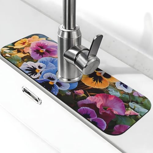 Faucet Mat for Kitchen Sink Splash Guard Super Absorbent Faucet Draining Mat Pansy Flowers Behind Faucet Drip Catcher Tray Drying Mat Pad for Bathroom Sink Mat 14 X 38 cm