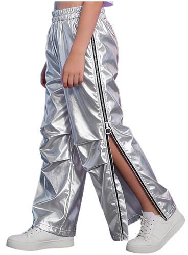 renvena Pantaloni da Jogging da Bambina Ragazza Pantaloni Cargo Metallico Lucido con Bottoni Laterali a Pressione Pantalone da Basket Fitness Allenamento Argento A 11-12 Anni