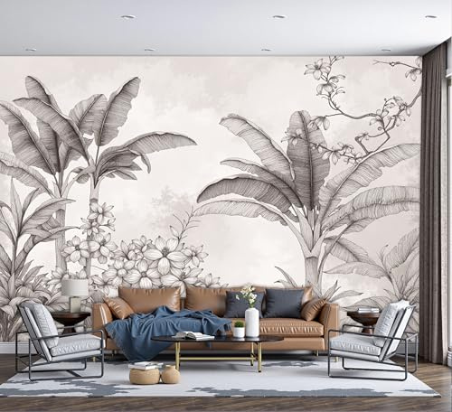 DACRWEKZ Papier Peint Feuilles de bananier, Motif Papier Peint Soie Panoramique Dessin au trait à la main 250x175cm Wallpaper Pour Salon Chambre Deco Murale Gris