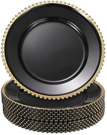QUARKZMAN 12 Pezzi Piatti Sottopiatto Trasparenti, 33 cm Piatti Sottopiatto Rotondi In Plastica Con Bordatura Per Cena Dessert Tavola Matrimonio Evento Decorazione, Oro Chiaro Su Nero