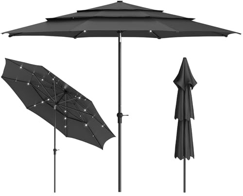 Lointain Sonnenschirm Ø 300 cm mit Solar-Beleuchtung & Kurbel, 3-stöckiger Gartenschirm beidseitig 45° neigbarer, Terrassenschirm mit 8 Rippen, Marktschirm Balkonschirm UV-Schutz, Dunkelgrau