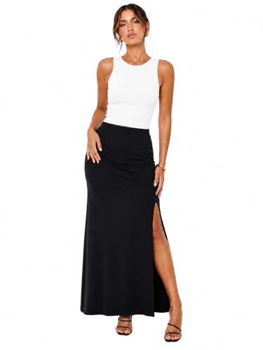 INSAFIANS Ladies Jersey Maxi Skirt Stretchy Long Pencil Skirt Side Slit Casual Party Wear (BLK LAD 10)