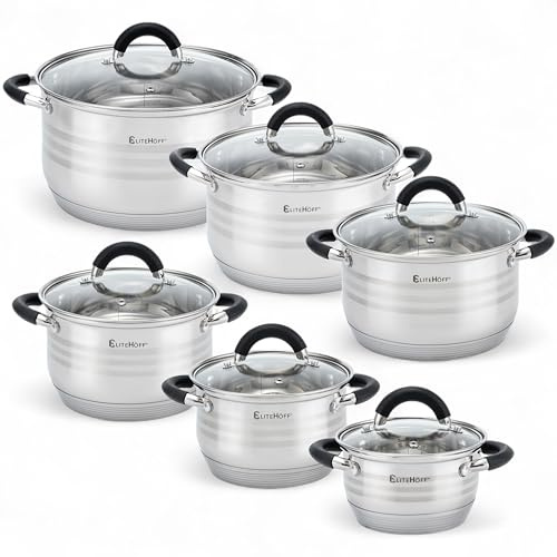 EliteHoff Topfset Induktion 12-teilig, Kochtopf Set mit Glasdeckeln und Silikongriffen, 7-lagiger Edelstahl Topf Set Induktionsgeeignet, Kochgeschirr Set für alle Herdarten, Silver/Schwarz (E-4027)