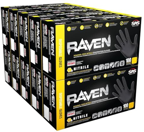 SAS RavenbSafety 66518 6 mil Black Nitrile Disposable Gloves 7 Mil - Large - 10 Pack(10 boxes of 100 each)