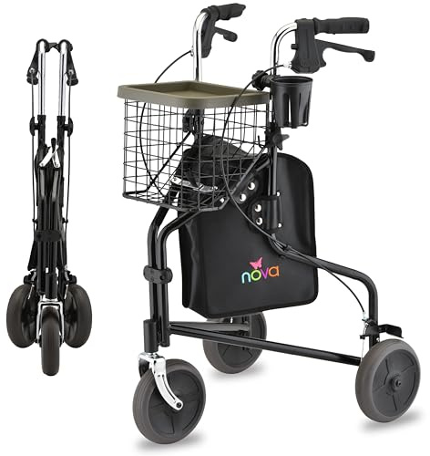 NOVA Traveler Folding 3-Wheel Walker with Tray, Basket, Pouch & Cup Holder, Lightweight Mobility Aid for Seniors & Adults, 8” All-Terrain Wheels for Tight Spaces & Travel, Black