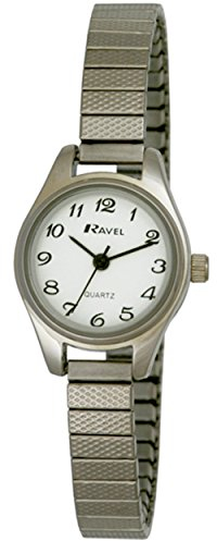 Ravel - Reloj de Cóctel Pequeño y Redondo para Mujer con Correa Extensible de Acero Inoxidable - Tono Plateado