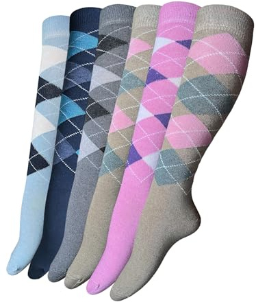 6 Pairs Ladies knee high Socks, Pink Argyle Beautiful Socks Size 4-7