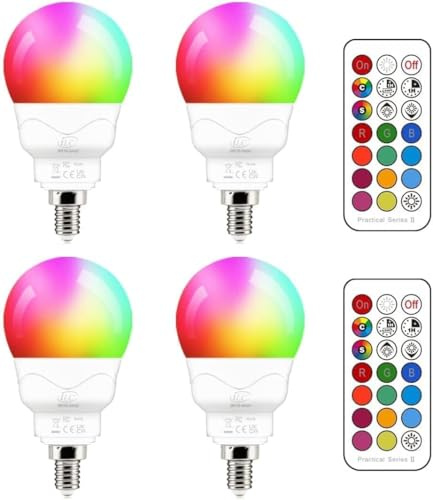 iLC E14 Led Lampe 5W (ersetzt 40W) RGBW mit Fernbedienung kaltweiße 5700K Ambiente RGB Farbwechsel Farbige Birne Leuchtmittel Dimmbare (4er-Pack)