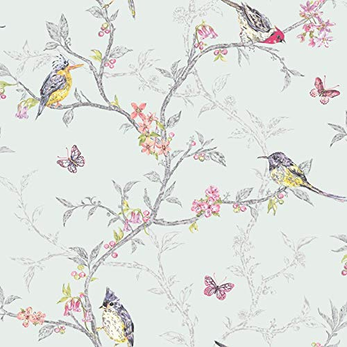 Soft Teal Colourful Birds Trees Floral Butterfly Wallpaper YöL