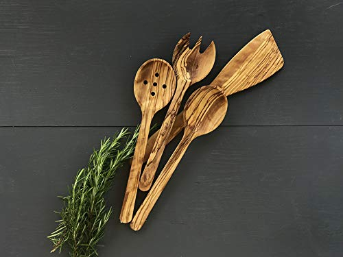 Juego de madera de olivo, tenedor de ensalada, cuchara con agujeros, espátula, juego de porciones de ensalada de madera, cubiertos hechos a mano, utensilios de servir,