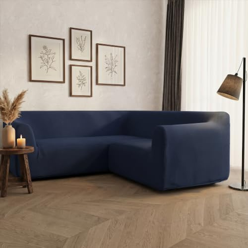 Italian Bed Linen Housse de canapé d’Angle élastique Dahlia, 92% Polyester + 8% élasthanne, Bleu Foncé