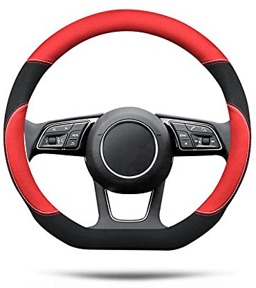 Ergocar D-Form Auto Lenkradbezug Rutschfester Auto Sport Lenkradschutz Mikrofaser Leder mit Atmungsaktives Wildleder für D-Form Lenkrad Durchmesser 38cm (15 ) (Schwarz Rot)