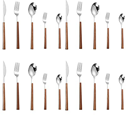 WanGi - Juego de cubiertos de cocina de acero inoxidable 18/8, diseño único de mango, incluye cuchillo, tenedor, cuchara (textura cuadrada de madera sin caja de regalo (juego de 20 piezas, plateado)