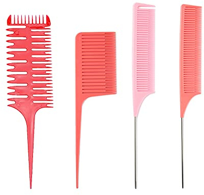 Fox Baby Hair Highlighting Comb Set - Professional Metal Rat Tail Teasing Comb, Dyeing Foiling Comb for Home Hairstylist and Barber (4 Pcs Red)