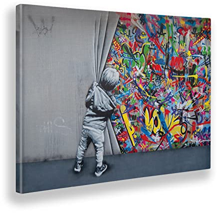 Giallobus - Quadro - Banksy - Bambino apre il sipario - Tela Canvas Telaio Standard - 70x50 - Pronto da appendere - Quadri moderni per la casa