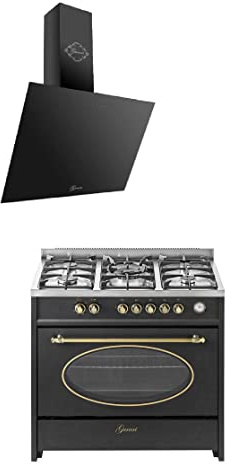 GURARI Gas Standherd, Herdset GCH E 914 BL r + GCH 286 BL 9 Prime, Retro Backofenset 90 cm, Range Coocker 121 L, Schwarz + Dunstabzugshaube, Wandhaube 90 cm, Schwarz, Kopffrei Haube, Abluft/Umluft