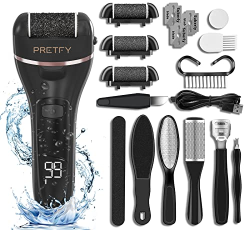 Pretfy Lima Elettrica per Pedicure Ricaricabile, Portatile, Con 3 Teste di Sabbia - Cura dei Piedi Morti e Secchi - Colore: Nero