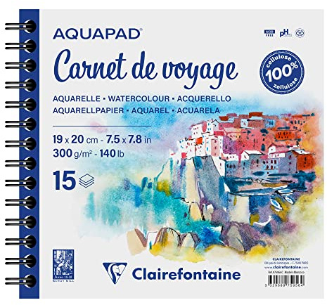 Clairefontaine 975956C - Skizzenbuch Aquapad 19x20cm, spiralgebunden mit 15 Bogen 300g, ideal für unterwegs, 1 Stück, mehrfarbig