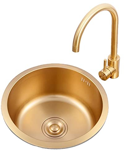 INGVY Einzelwaschbecken, goldenes rundes Waschbecken, Waschbecken mit Warm- und Kaltwasserhahn, integriertes kleines Waschbecken aus Edelstahl, Küchenspüle (Farbe: Gold, Größe: 40 x 40 cm)