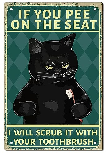 CREATCABIN Blechschild,Schwarze Katze,Vintage-Metallschild,Poster,Retro-Toilettenmalerei,Plakette,Eisenschild,Kunstwandgemälde,Aufhängen,Kindly Reminder-Schild Für Badezimmer,Wohnzimmer,30x20cm